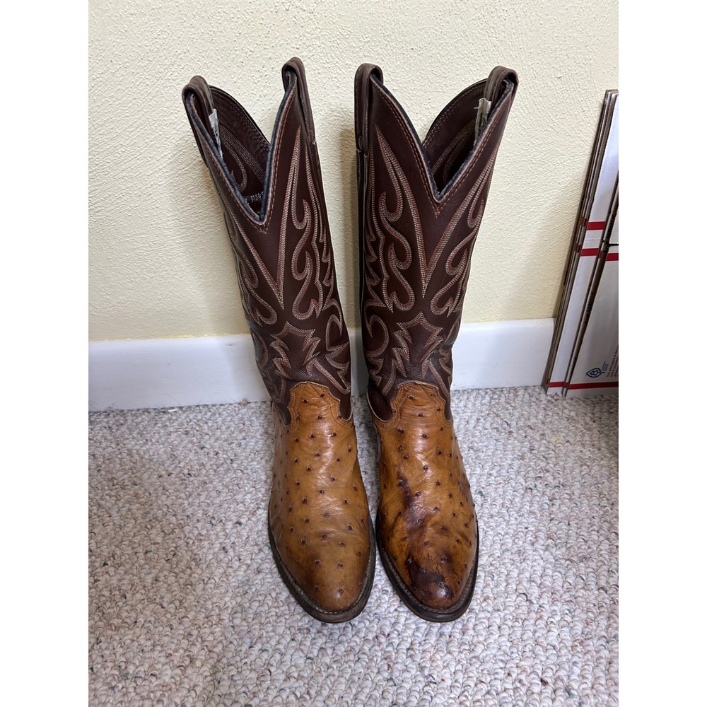 Larry Mahan Ostrich Print‎ Western Cowboy Boots Detailed Embroidered Tall 7D